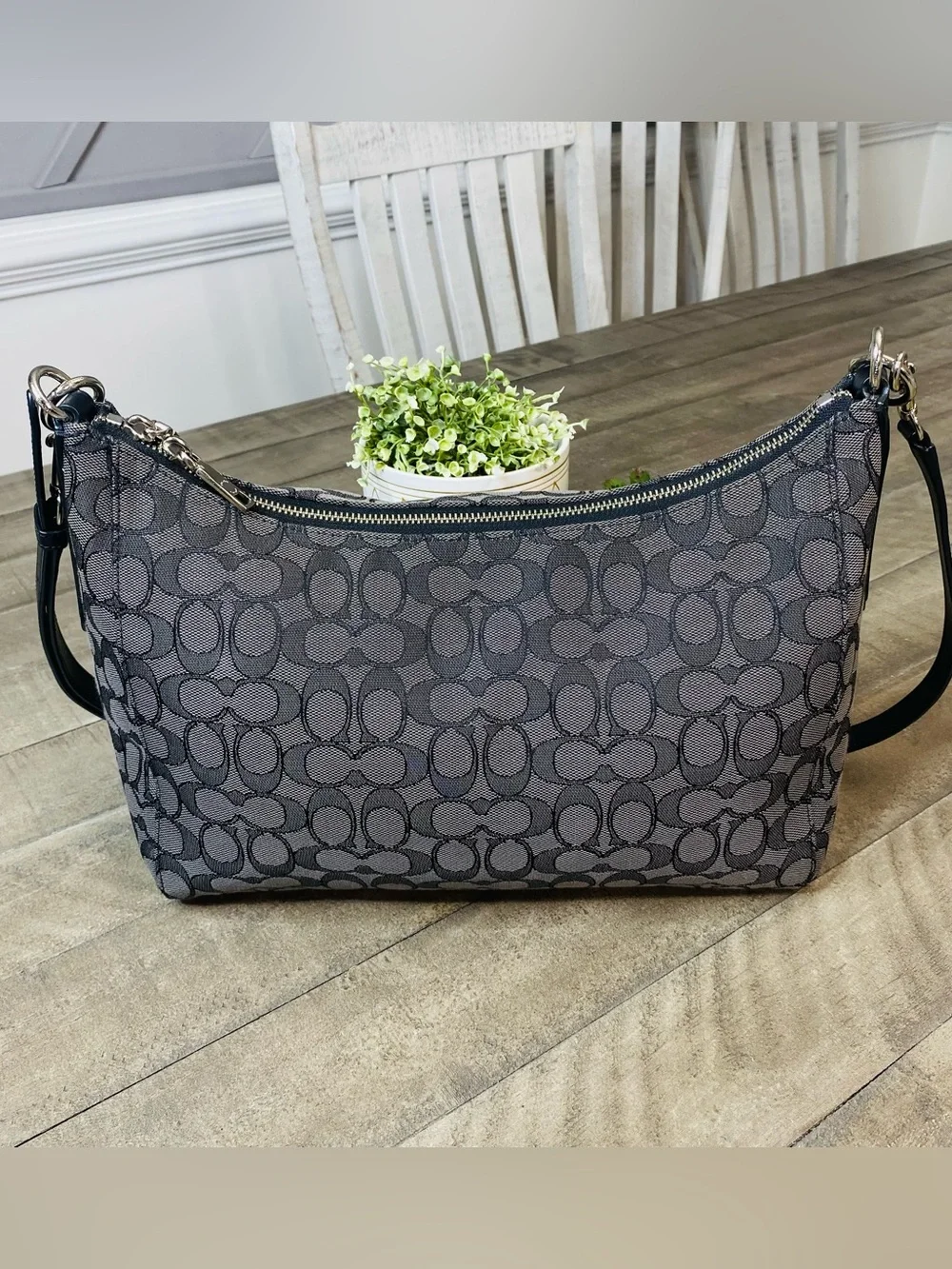 COACH F58284 East/West Celeste Hobo Signature Canvas Bag Black Smoke/Black